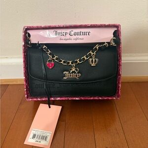 Juicy Couture Black Crossbody with Gold Charm Chain and Pink Heart